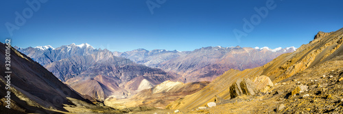 Panoramic view of the Kali Gandaki river valley in sunny day. View from trekking route from Thorung La pass.