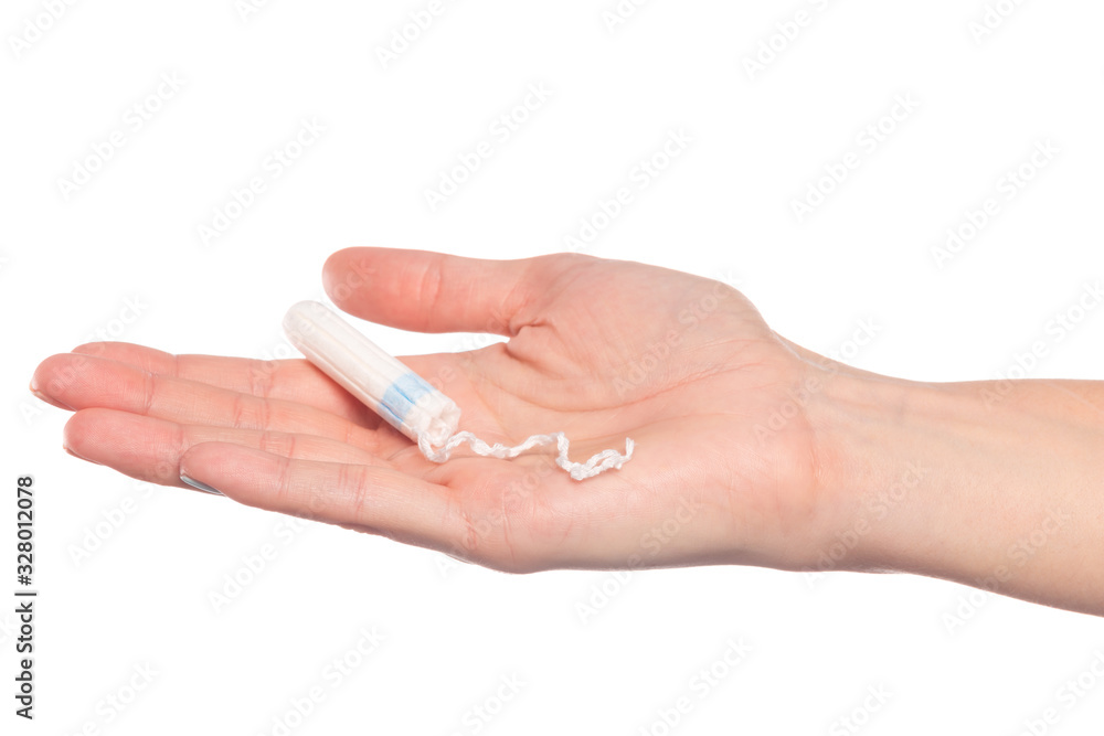 female hand isolated on white background holding tampon - female care - Image female hand isolated on white background holding tampon - female care - Image