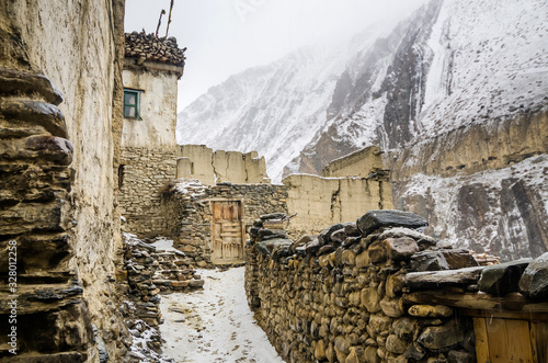 View of Kagbeni village abandoned houses in winter. Mustang, Nepal, Annapurna circuit trek / Jomsom trek. photo