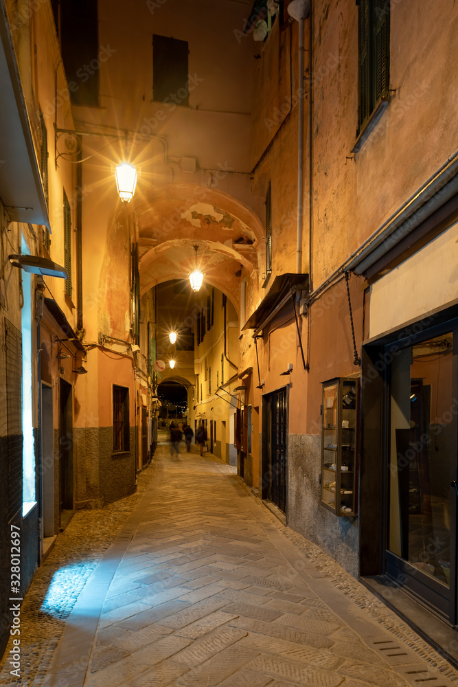 Night view of Laigueglia narrow street, Italian Riviera