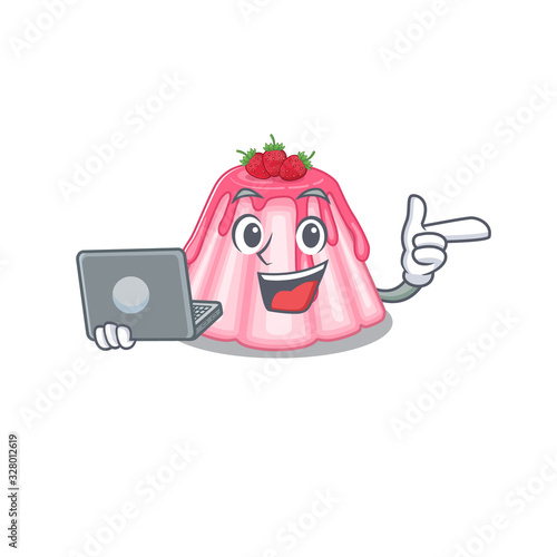 Cool character of strawberry jelly working with laptop
