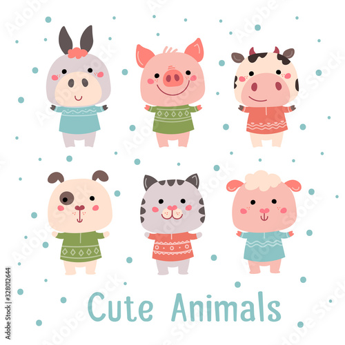 Hand drawn characters goat pig cow sheep cat dog. For cards, invitations, baby clothes, posters and prints