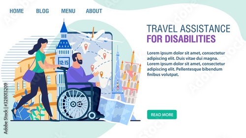 Travel Assistance and Nursing Service for Disabled Flat Landing Page Trendy Design. Medical Care during World Cruise Travelling. Vector Female Staff Pushing Wheelchair with Handicap Man Illustration