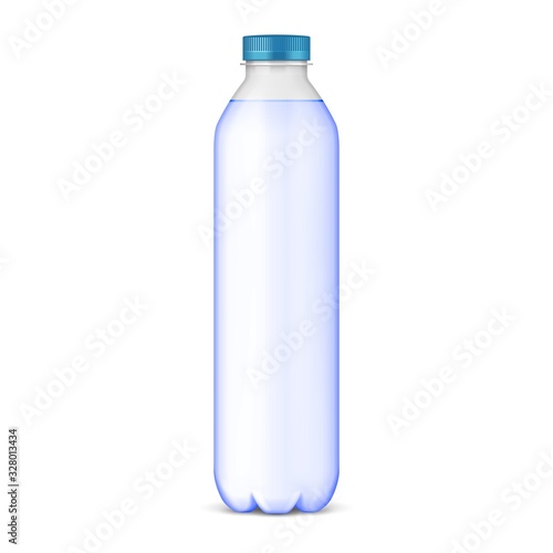 Mockup Plastic Clean Bottle Full, Filled With Blue Cap. Soft Drink. Disposaple. Mock Up Template. Illustration Isolated On White Background. Ready For Your Design. Product Packaging. Vector EPS10