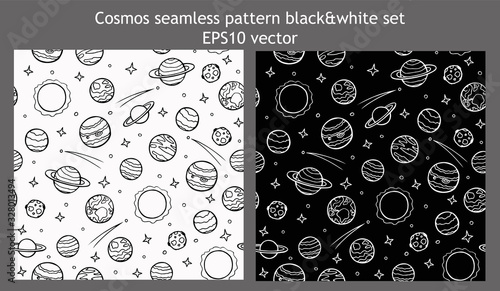 Set of cosmos seamless patterns. Black and white galaxy background for banners, wrappers, scrapbooking paper. Hand drawn doodle planets and stars of the solar system. Stock vector illustration.