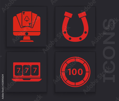 Set Casino chips, Online poker table game, Horseshoe and Online slot machine with lucky sevens jackpot icon. Vector