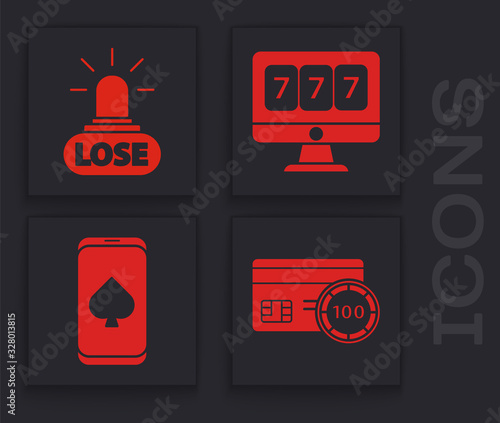 Set Credit card, Casino losing, Online slot machine with lucky sevens jackpot and Online poker table game icon. Vector