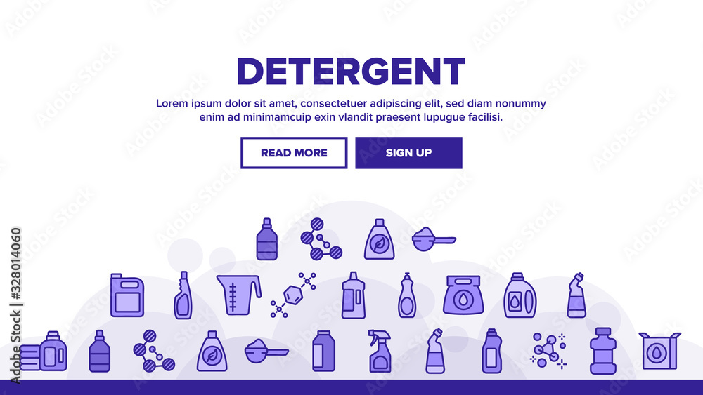Detergent Cleaning Landing Web Page Header Banner Template Vector. Detergent Molecular Formula And Package With Cleanser, Measuring Bowl And Canister Illustration