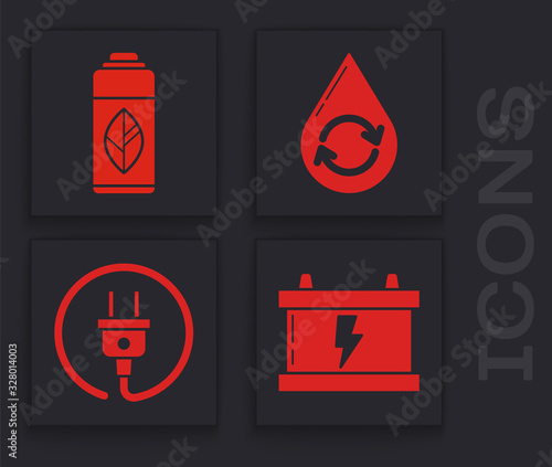 Set Car battery, Recycling plastic bottle, Recycle clean aqua and Electric plug icon. Vector