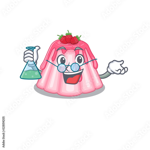 Cool strawberry jelly Professor cartoon character with glass tube