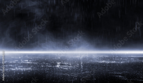 3D rendering Clear asphalt outdoor background with high speed fog and heavy rain.