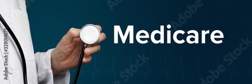 Medicare. Doctor in smock holds stethoscope. The word Medicare is next to it. Symbol of medicine, illness, health photo