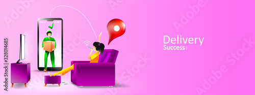 Online delivery service package to living room at home with smartphone. Vector illustration