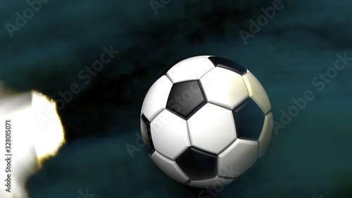 White-Black Soccer ball with blue dark toned foggy smoke background. 3D sketch design and illustration. 3D high quality rendering.
