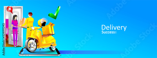 Online delivery service package to home with smartphone. Women receive a package by courier in front of home. Vector illustration