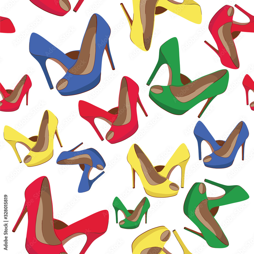 Vector seamless pattern with bright fashion shoes