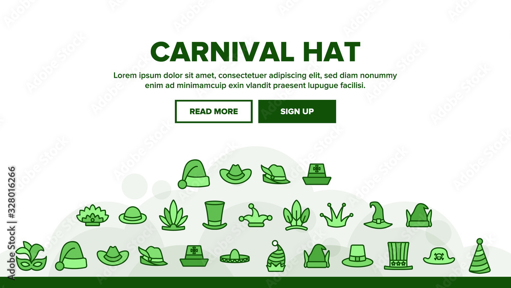 Carnival Hat Festival Landing Web Page Header Banner Template Vector. Carnival Headdress For Christmas And Halloween, Cowboy And Mexican, Pirate And Elf Illustration