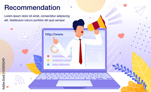 Brand or Company Web Site, Blog Page Promoting, Marketing Goods and Services with Blogger, Influencer Recommendations Banner, Poster. Blogger Offering Follow Hyperlink Trendy Flat Vector Illustration