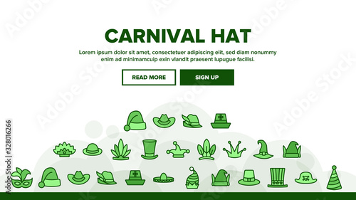 Carnival Hat Festival Landing Web Page Header Banner Template Vector. Carnival Headdress For Christmas And Halloween  Cowboy And Mexican  Pirate And Elf Illustration