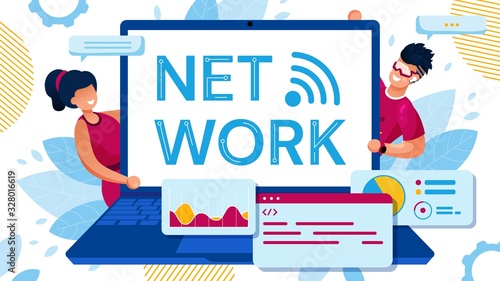 Social Media and Global Worldwide Communication Promotion Poster. Network Lettering on Laptop Monitor. Happy Man Woman People Connecting in Internet. Online Community. Vector Illustration