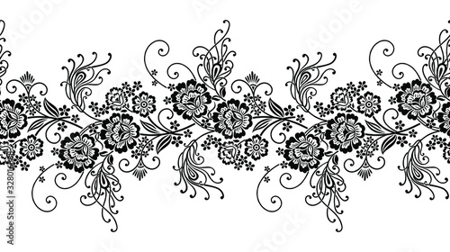 Black and white border with feathers and flowers