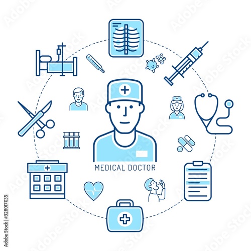 Doctor and medicine - concept of linear icons. Healthcare infographic. Vector illustration.