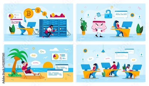 Bitcoin Trading, Distance Work, Online Security, Startup Team, Trendy Flat Vector Concepts Set. Freelancer on Beach, Trojan Stealing Data, Mining Farm Owner, Web Developers Teamwork Illustration