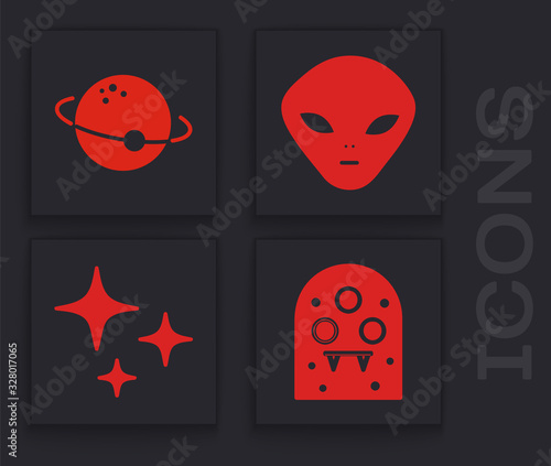 Set Alien, Planet, Alien and Falling star icon. Vector