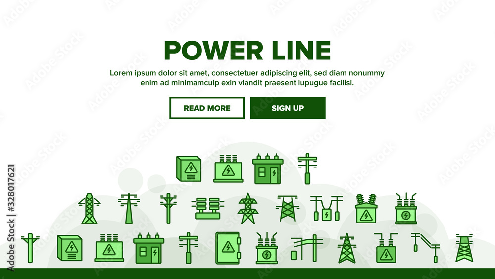 Power Line Electricity Landing Web Page Header Banner Template Vector. Power Line Tower And Electric Wire Cord, Transformer And Lightning Mark Illustration
