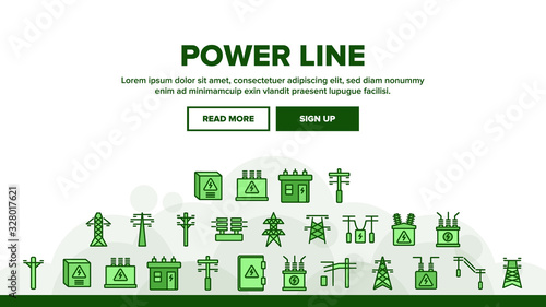 Power Line Electricity Landing Web Page Header Banner Template Vector. Power Line Tower And Electric Wire Cord, Transformer And Lightning Mark Illustration