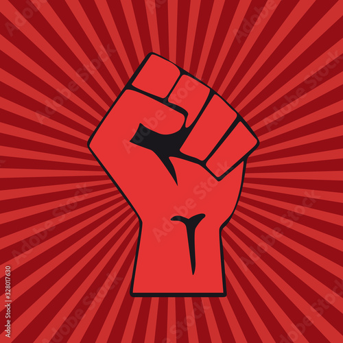Vector raised hand.Concept of revolution or protest. Closed fist on red background