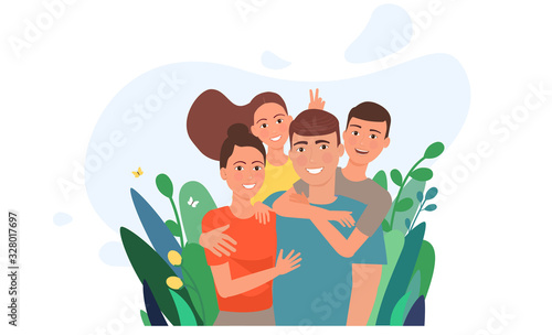 Happy family of parents and children.