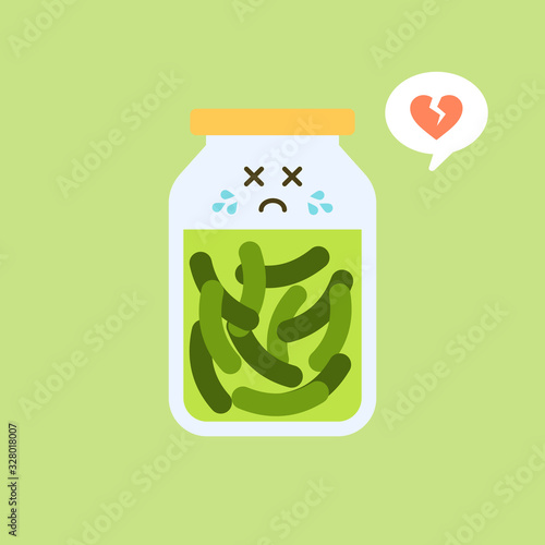 Kawaii and cute pickles in jar, isolated jar of pickled cucumbers. Marinated vegetables in can, homemade production full of probiotics. Fermented veggies, crunch gherkin with salt.  Flat design style 