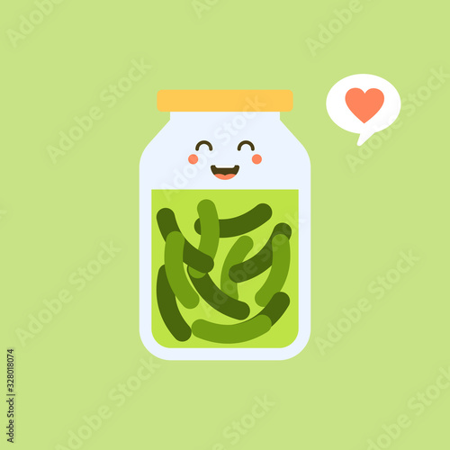 Kawaii and cute pickles in jar, isolated jar of pickled cucumbers. Marinated vegetables in can, homemade production full of probiotics. Fermented veggies, crunch gherkin with salt.  Flat design style 