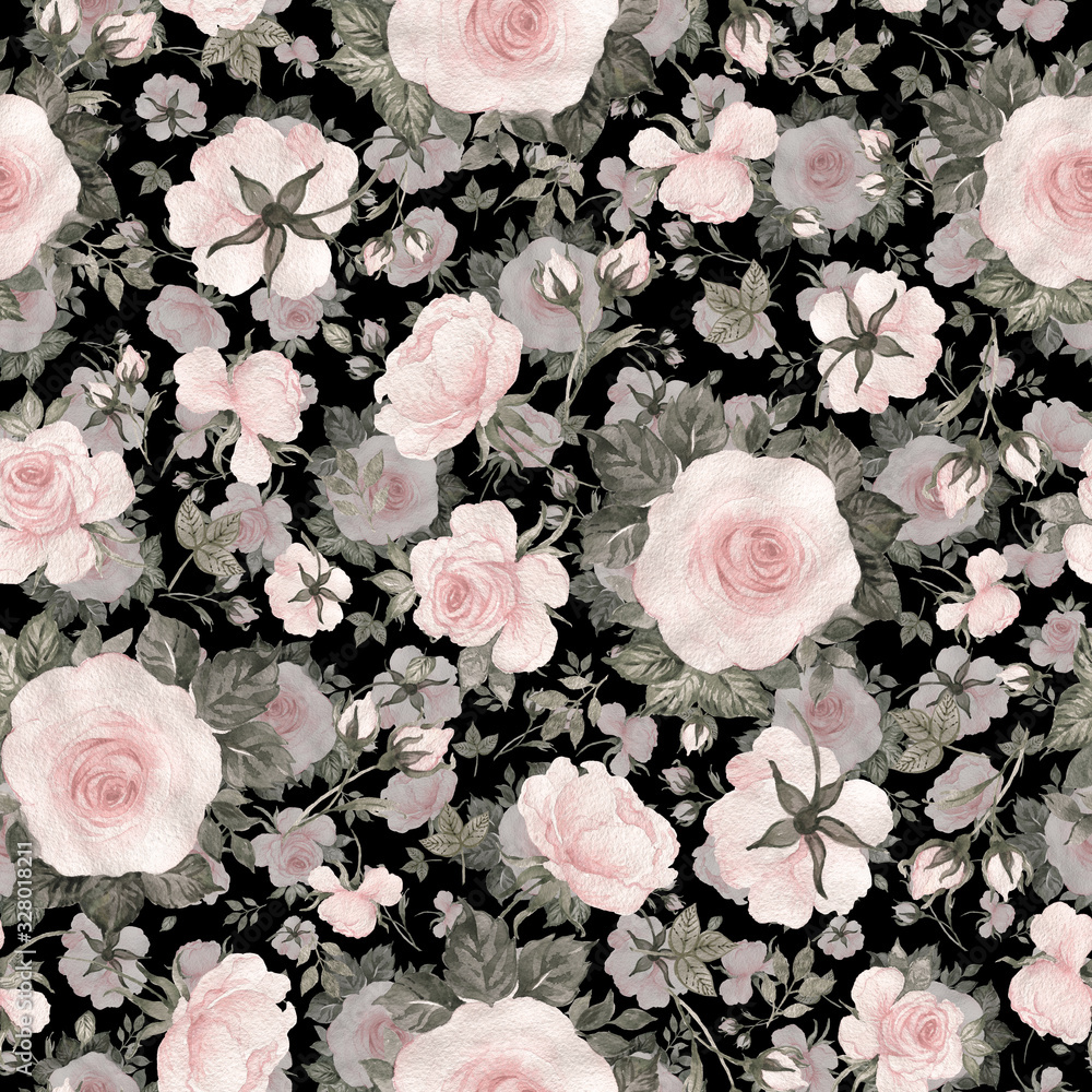  Seamless pattern of delicate roses drawn by paints on paper