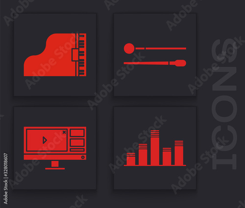 Set Music equalizer, Grand piano, Drum sticks and Video recorder or editor software on monitor icon. Vector