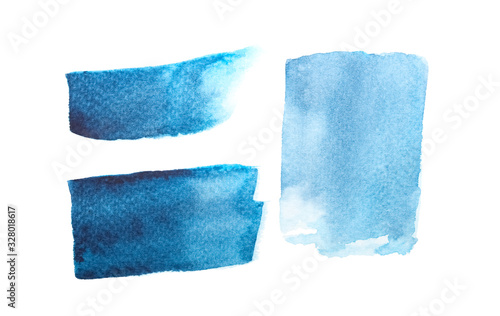 Set of blue watercolor strokes on white background 