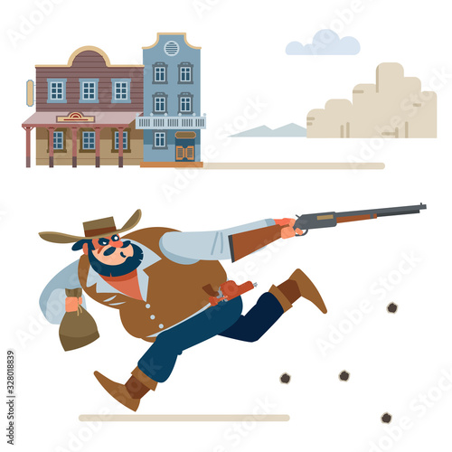 Cowboy escapes in a shootout from the Sheriff. Cartoon vector illustration. Flat style. Isolated on white background