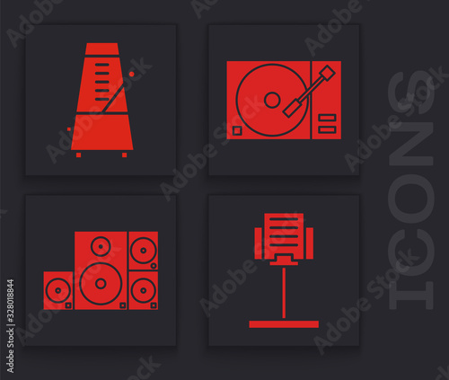 Set Music stand, Metronome with pendulum in motion, Vinyl player with a vinyl disk and Stereo speaker icon. Vector