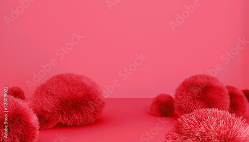 Abstract a glamorous Studio. Pink Studio with fluffy balls on the floor. 3D rendering.