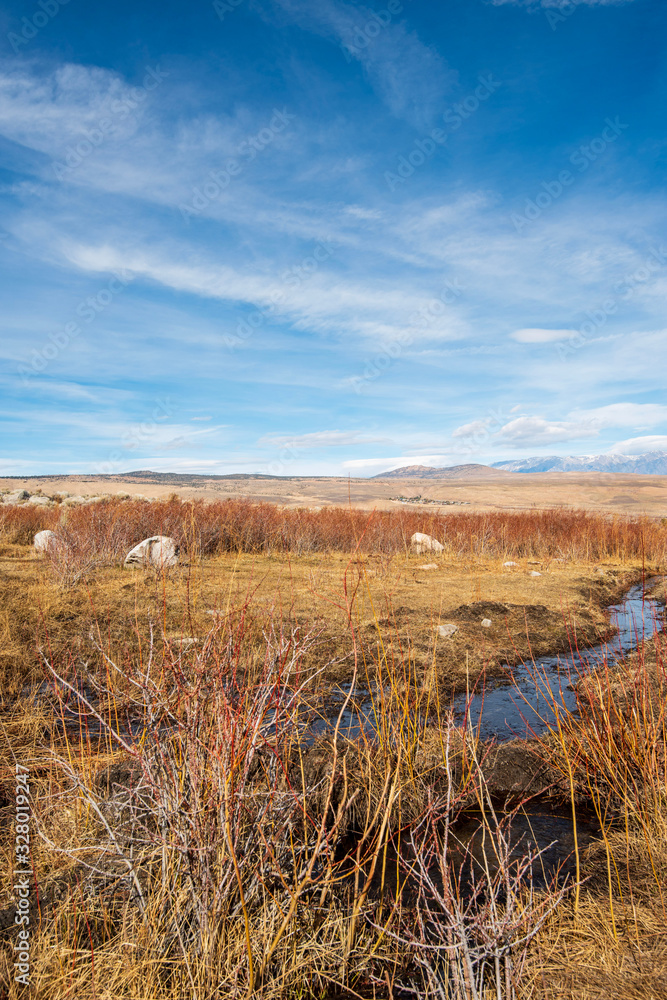 stream flowing into brown winter grass on hillside in California Sierra Nevada mountains stream flowing into brown winter grass on hillside in California Sierra Nevada mountains