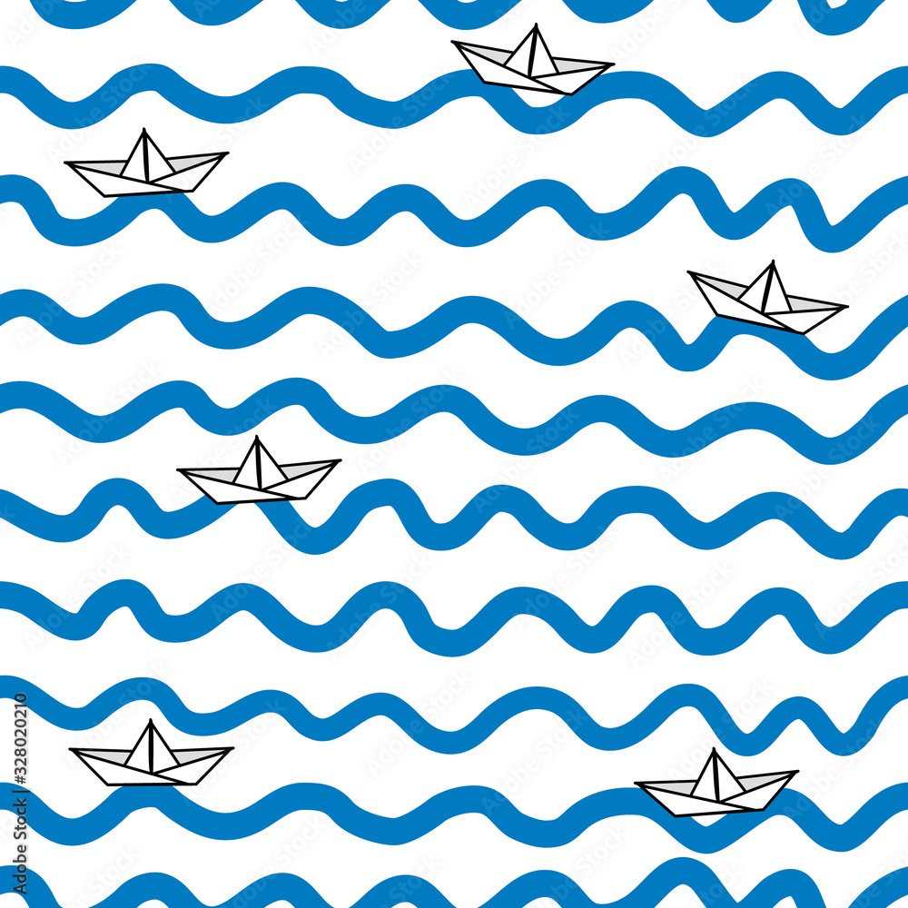 Seamless marine pattern with black white paper boats on hand drawn blue sea waves on white background. ESP 10 vector illustration, vintage style Seamless marine pattern with black white paper boats on hand drawn blue sea waves on white background. ESP 10 vector illustration, vintage style