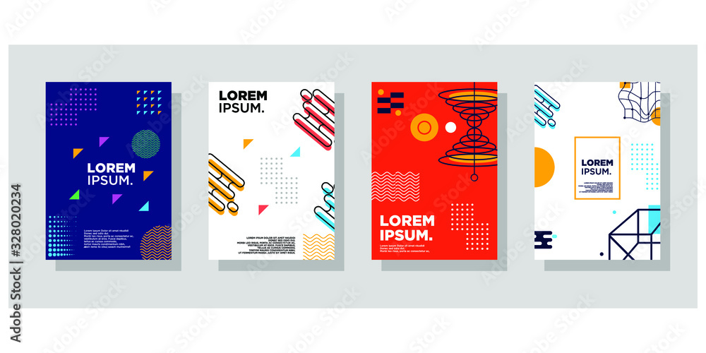 Fototapeta premium Set of neo memphis geometric style covers. Collection of cool bright covers. Abstract aesthetic line linear shapes compositions Vector.