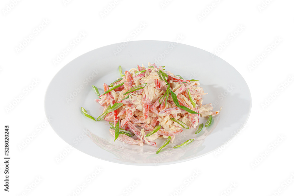 Salad with Bulgarian pepper, meat, chicken, squid, crab sticks, egg, mayonnaise, green onion on plate, white isolated background Side view. For the menu, restaurant bar cafe