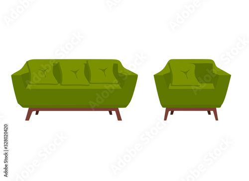 green armchair and sofa, vector illustration, flat style