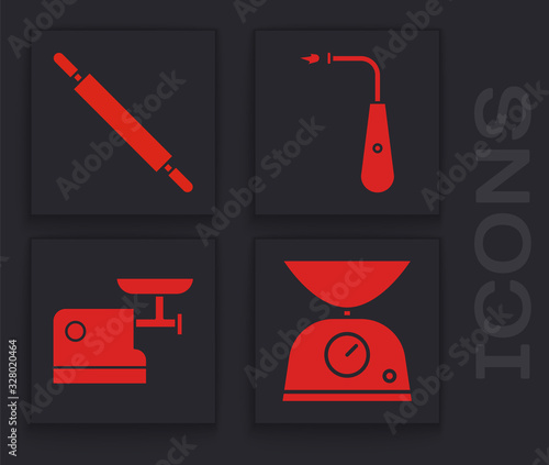 Set Scales, Rolling pin, Long electric lighter and Kitchen meat grinder icon. Vector