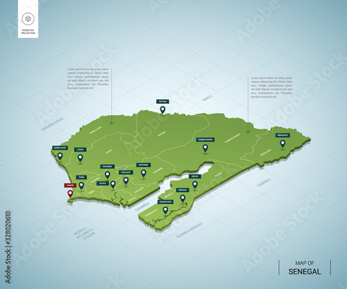 Stylized map of Senegal. Isometric 3D green map with cities, borders, capital Dakar, regions. Vector illustration. Editable layers clearly labeled. English language.