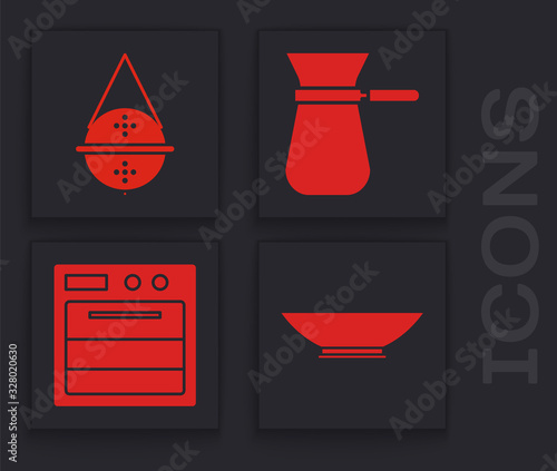Set Bowl, Ball tea strainer, Coffee turk and Oven icon. Vector