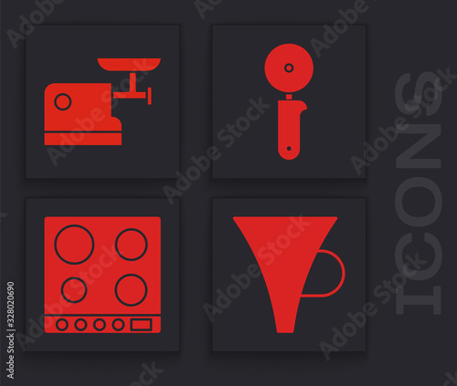 Set Funnel or filter, Kitchen meat grinder, Pizza knife and Gas stove icon. Vector