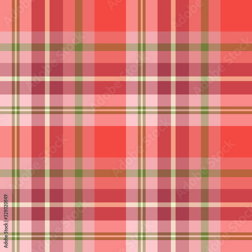Seamless pattern in fine cozy festive pink, red and green colors for plaid, fabric, textile, clothes, tablecloth and other things. Vector image.